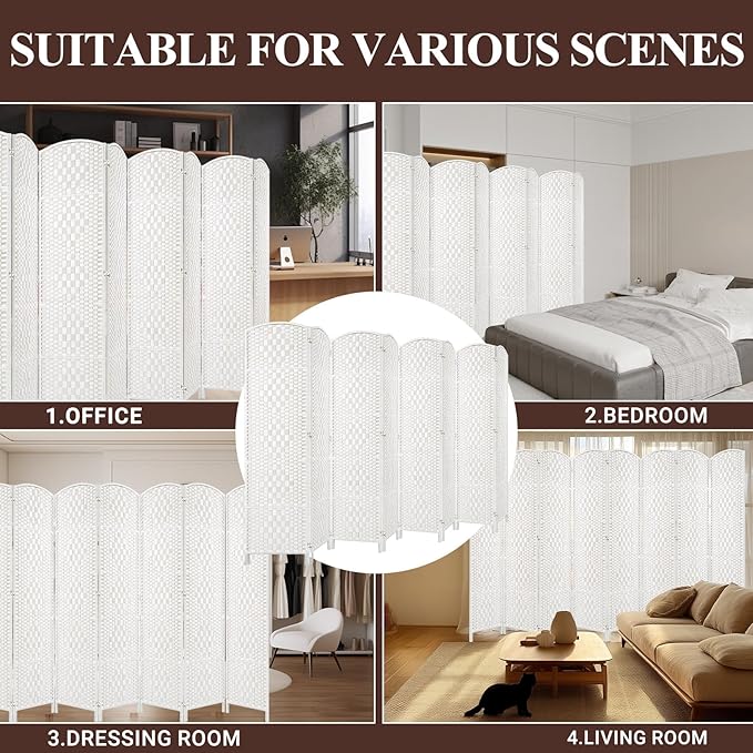 HALLYBEE Room Divider, Room Dividers and Folding Privacy Screens, 16in Privacy Screen, 8 Panel Temporary Wall Partitions, 6ft Space Separation Panel Screen, White