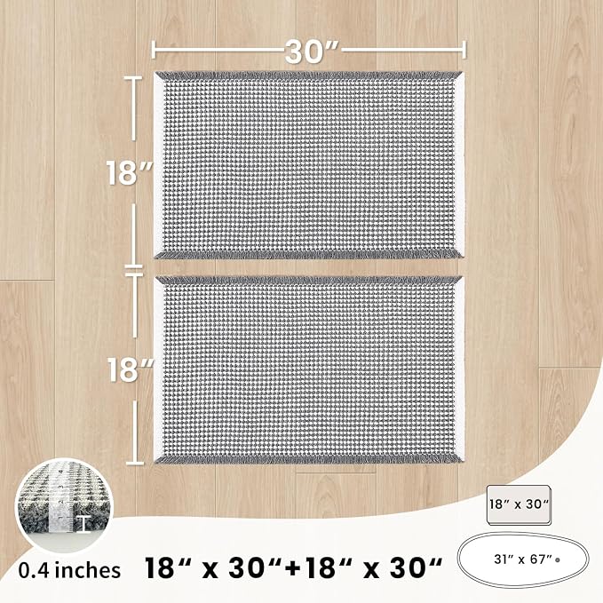 Bathroom Rugs Sets 2 Piece - Waffle Bath Mat Non Slip, Washable Bathroom Mats Absorbent Soft Boho Decor, Quick Dry Shower Mats, 2 Pack 18x30 Inch, Dark Grey and White
