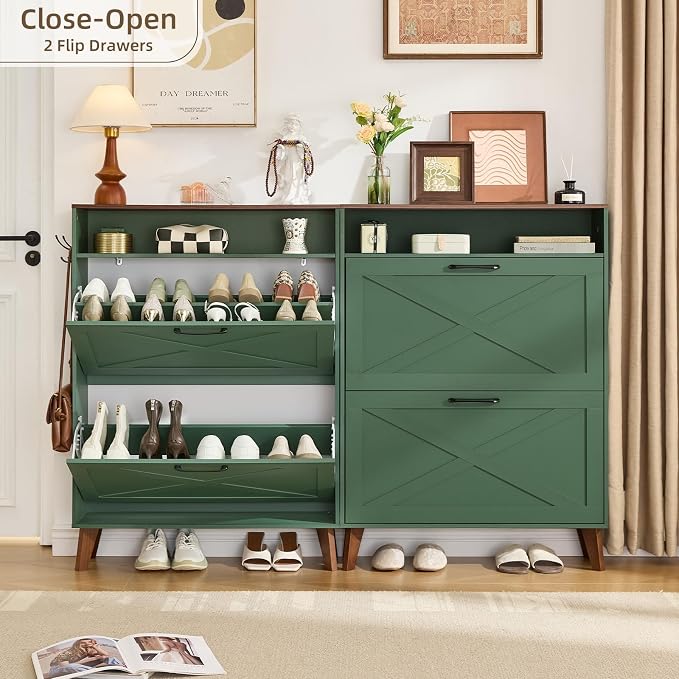Joaxswe Shoe Cabinet Storage for Entryway with 2 Flip Drawers 2 Hook Open Storage Layer Rack Narrow Organizer Slim Hidden Wood Shoe Cabinet Furniture Dark Green