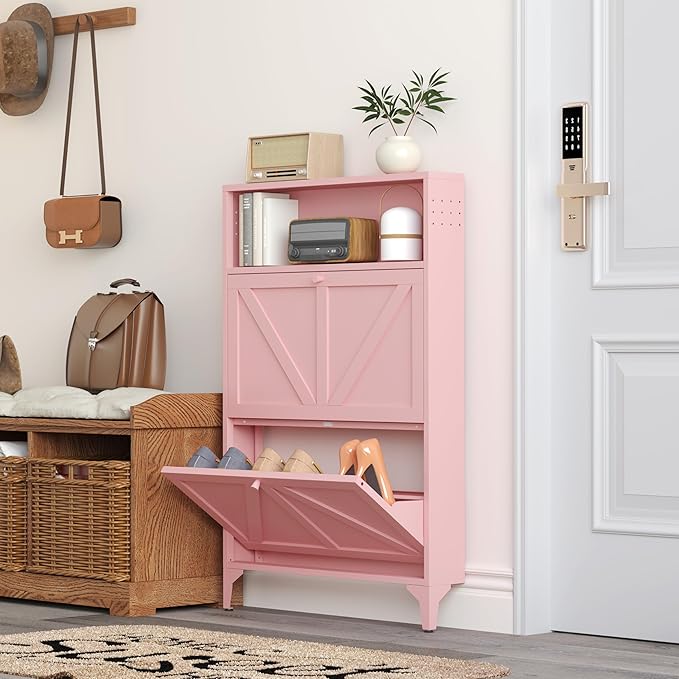 Shoe Storage Cabinet for Entryway with 2 Flip Drawers, Freestanding Shoe Organizer with Legs,Farmhouse Narrow Shoe Storage Cabinet for Entryway, Foyer,Living Room (2-Doors, Pink)