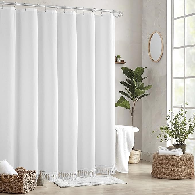 Extra Long Shower Curtains 72 x 84 Inches White Linen Shower Curtain with Tassels,Modern Farmhouse Country Shower Curtain