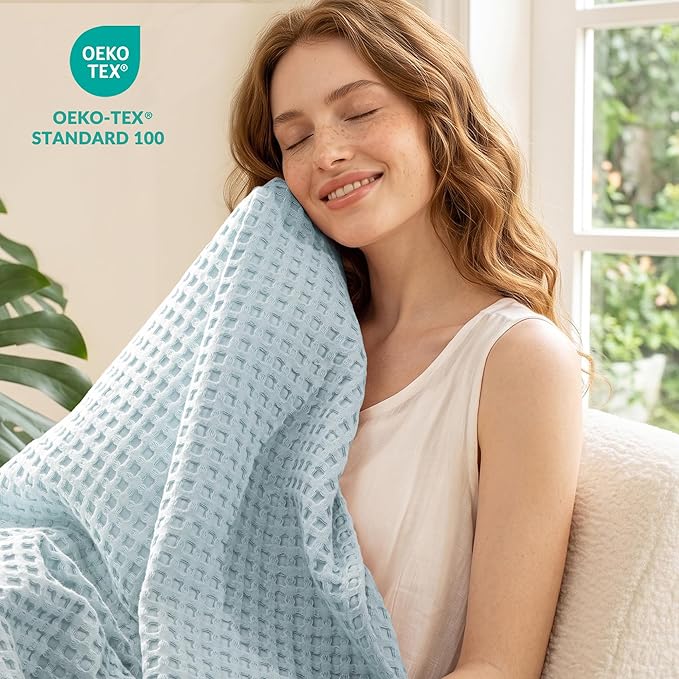 Exclusivo Mezcla Pre-Washed 100% Cotton Waffle Blanket Full Size for Bed, 330GSM Lightweight Breathable Summer Blankets, Soft and Cozy, Home Decor, Ice Blue, 80x90 Inches