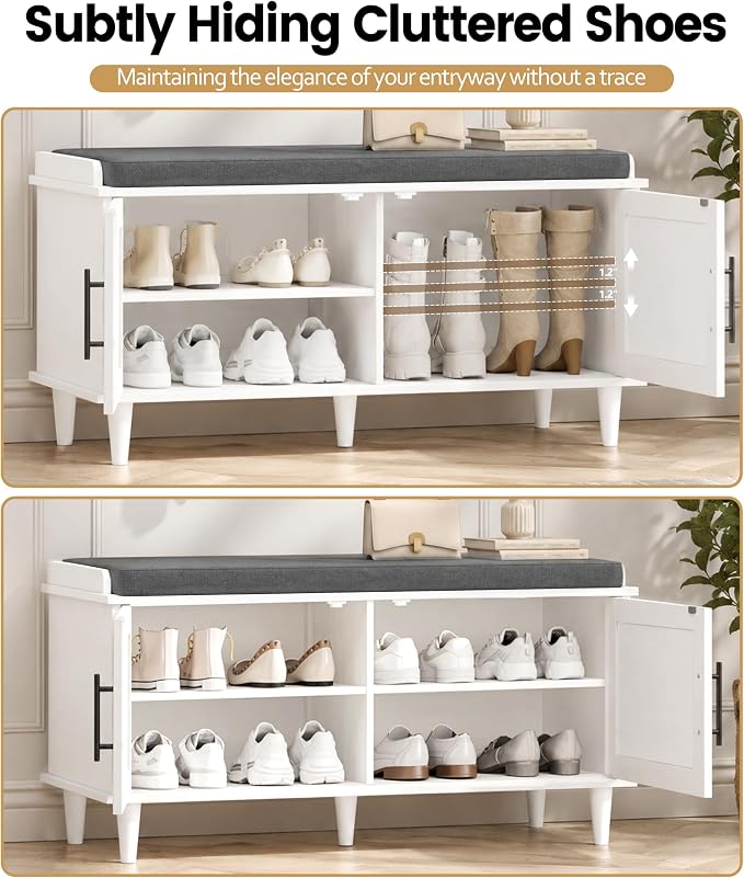 Akxomel Rattan Shoe Storage Bench with Cushion, 2-Tier Entryway Bench with Adjustable Shelves and 2 Doors, 15" D x 39.4" W x 20" H, Solid Wood Legs, for Hallway, Living Room, Bedroom, White