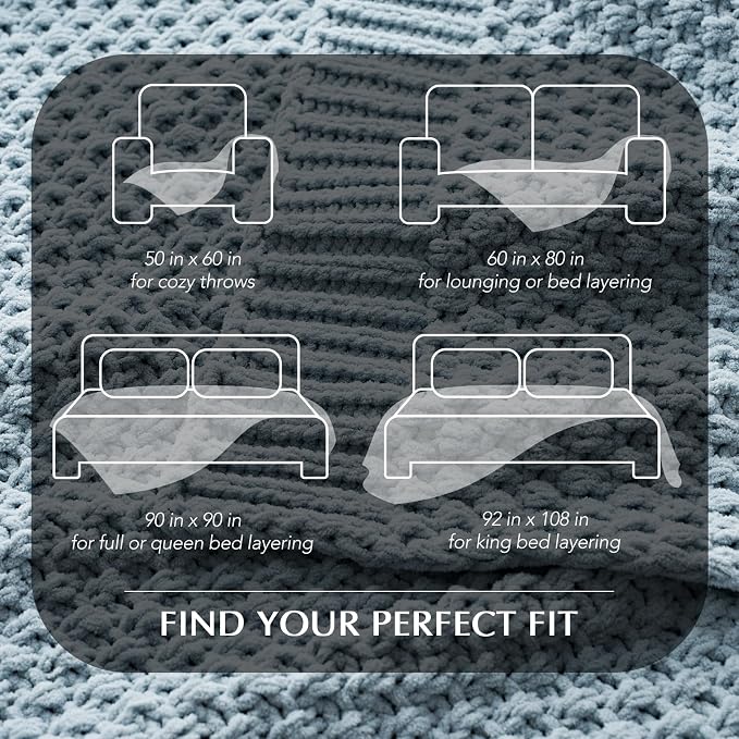 EVERGRACEHOME Chunky Chenille Knit Throw Blanket for Couch, Soft Luxurious Oversized Queen Moss Stitch Blanket for Bed, Cozy Farmhouse Knitted Throw for Sofa, Chambray Blue, 90" x 90"