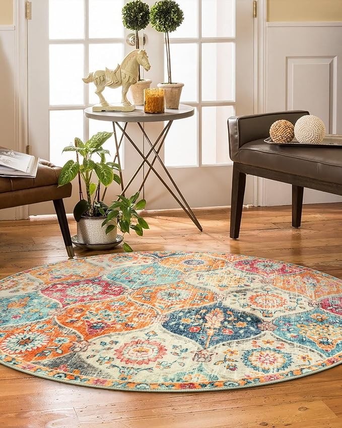 Lahome Round Moroccan Washable Rug, Soft Vintage Small Round Rug 3ft Non-Slip, Ultra-Thin Distress Circle Carpet for Bedroom Entryway Kitchen Bathroom Elise, Burnt Orange
