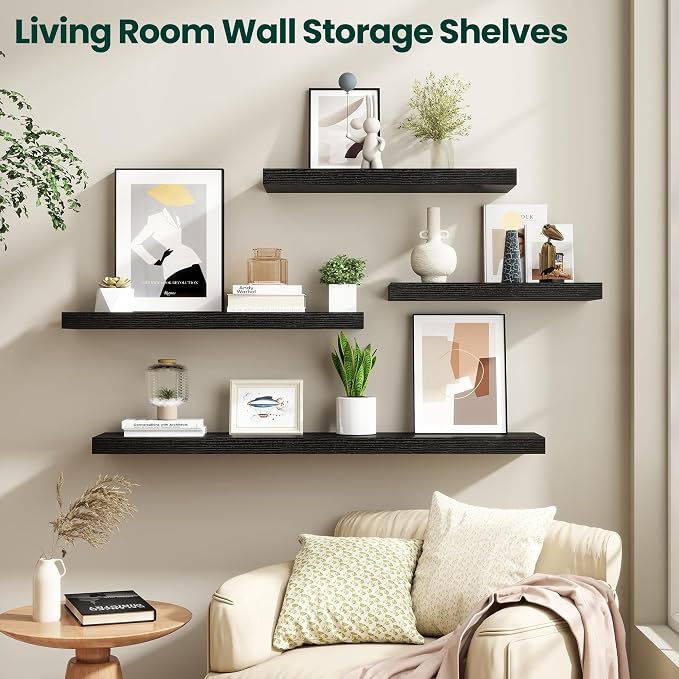 Floating Shelves for Wall 48 in x 9.3 in Deep, Wall Mounted Rustic Wood Shelf with Invisible Brackets for Storage & Display, Living Room Bedroom Bathroom, Black, 2 Pack