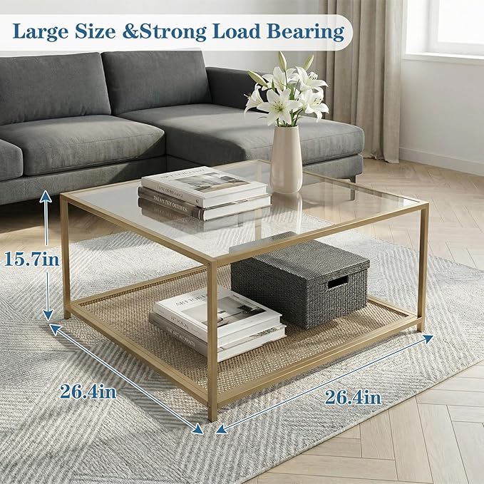 Gold Glass Coffee Table, Square Coffee Tables with Storage Shelf, Simple Tea Cocktail Modern Center Tables for Small Space, Living Room, Easy Assembly, 26 * 26in（Gold）