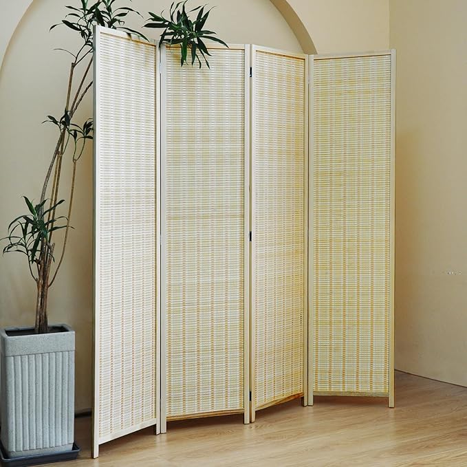 Furnnylane 4 Panel Bamboo Room Divider - 5.6 ft Tall Folding Privacy Screen, Natural Beige Freestanding Partition Wall for Home Office & Room Separation (67" H x 61.4" W)