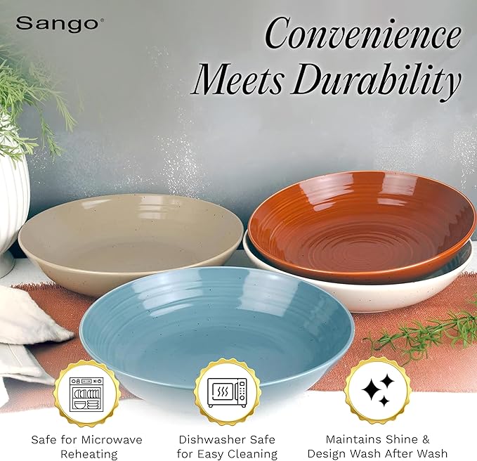 Sango Siterra Painter's Palette Stoneware Pasta Bowls (Set of 4) – Pasta & Serving Bowls, Earthy Reactive Glaze, Multi Assorted Colors, Microwave & Dishwasher Safe, for Everyday Dining & Entertainment