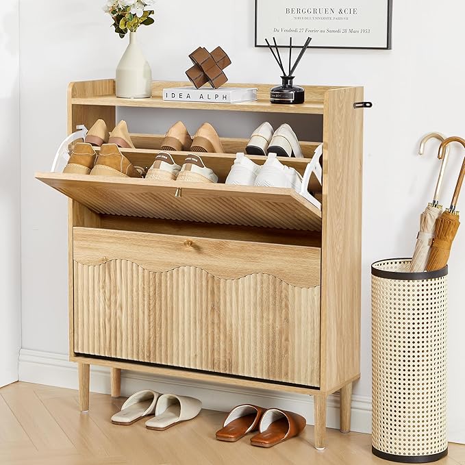 BERRYMERRY 31.5" Fluted Shoe Storage Cabinet for Entryway, 2 Flip Drawers Narrow Shoe Organizer for Hallway, Living Room
