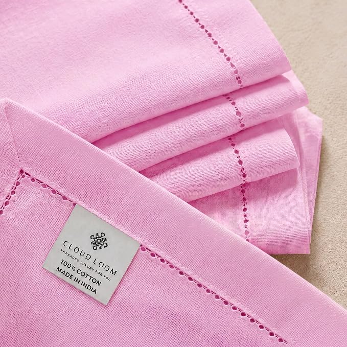 Hemstitch Cloth Napkins, Set of 12-100% Cotton Dinner Napkins 18x18 - Soft Absorbent Cloth Napkins for Wedding & Formal Dinner - Holiday, Christmas Cotton Dinner Napkins - Baby Pink