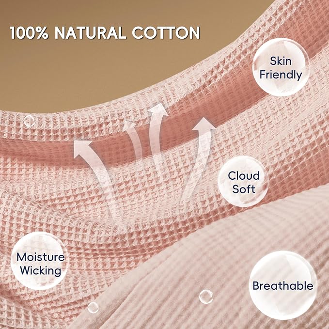 PHF 100% Cotton Waffle & Muslin Blanket King Size, Soft Breathable Luxury 400GSM Versatile Reversible Bedding for Bed, Great for Layering in Cold Weather, Home Decor Gift, 104" x 90", Rose Smoke