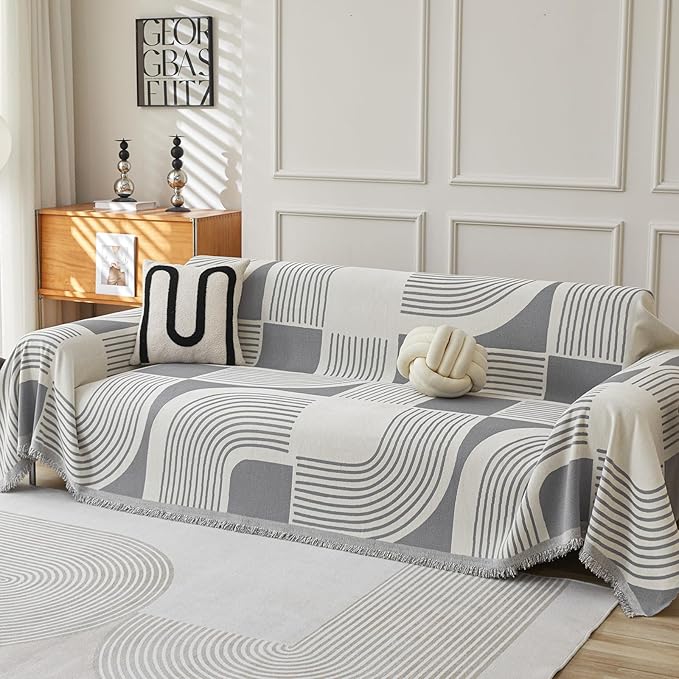 WEYOND Boho Couch Cover Sofa Covers Washable, Chenille Couch Covers for 3 Cushion Couch Sofa Pet Friendly, Bohemian Sofa Slipcovers for Sectional Sofa, Loveseat, 2 3 4 Seater (71" x 134", Grey)