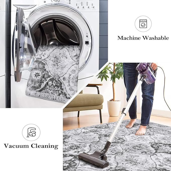 Lahome Moroccan Trellis Washable Runner Rug, 2x6 Kitchen Runners for Hallways 6 Feet Non Slip, Vintage Laundry Room Rug Ultra-Thin Carpet for Bathroom Bedroom Entryway Elise, Silver/Grey