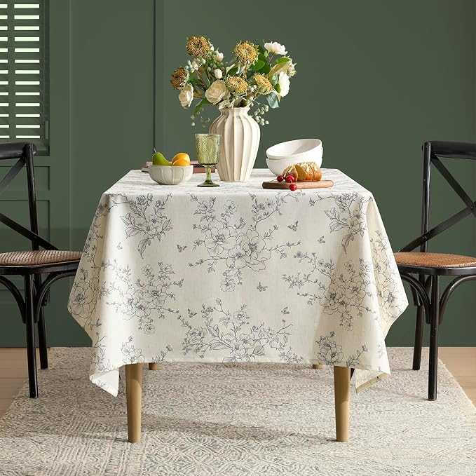 Linen Table Cloth Rectangle Tables Floral Tablecloth with Gray Flowers Pattern Burlap Textured Farmhouse Vintage French Rustic Outdoor Table Cover for Picnic,Dining,Party,Home Decor 55x72 Inch
