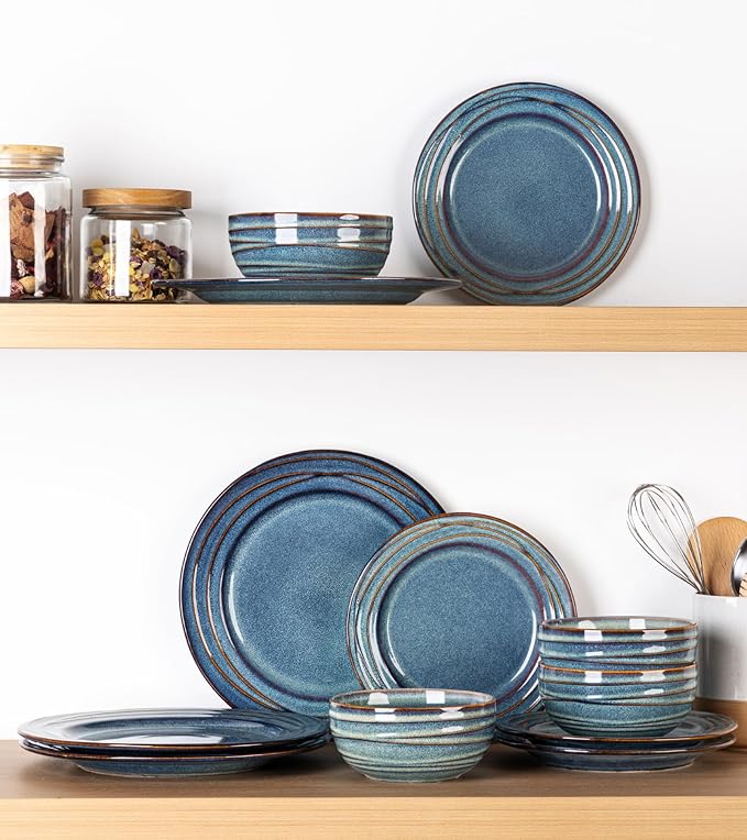 GBHOME Ceramic Dinnerware Sets,12 pcs Embossed Elegant Stoneware Plates and Bowls Sets, Housewarming Wedding Gift | Dishwasher & Microwave Safe | Dishes Set Service for 6