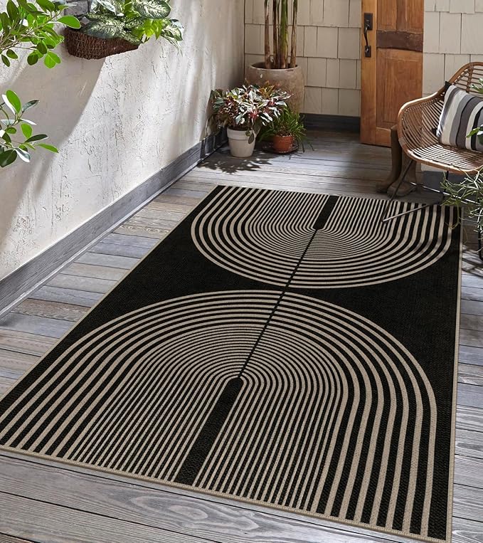 Rugalia Easy Jute Small Outdoor Patio Rug, 3x5 Black Rainbow Entryway Rug Washable Non-Slip Modern Kitchen Rugs, Neutral Farmhouse Boho Throw Carpet for Outdoor Living Room Porch Backyard