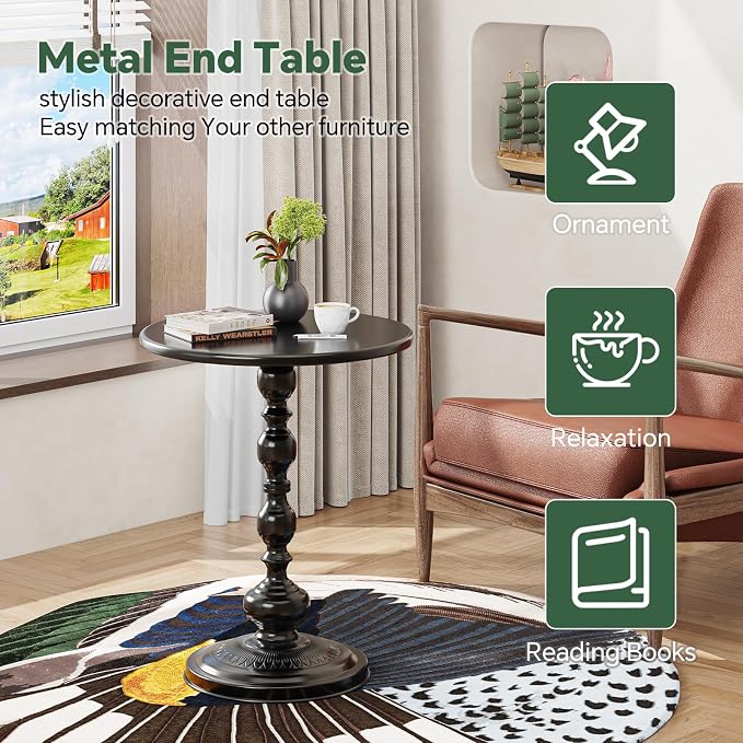 Simple Trending Small Side Table, Round Drink Table End Table, Sofa Table TV Tray Table, Pedestal Coffee Table for Living Room, Black