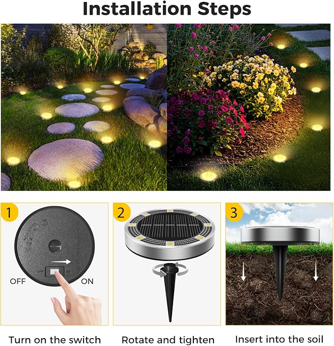 16 Pack Solar Ground Lights Outdoor, 8 LED Mini Flat Solar Disc Lights, IP65 Waterproof Pathway Lights Solar Powered, Landscape Lighting for Garden Walkway Driveway Yard Lawn,Warm White