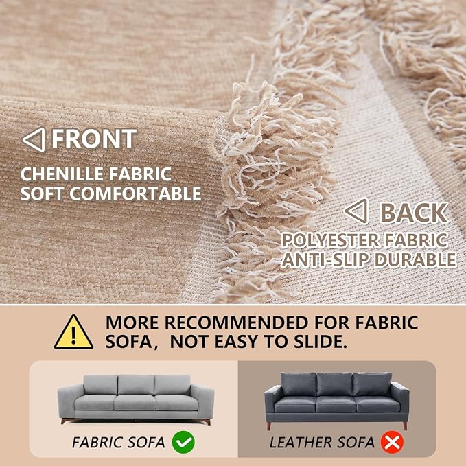 MEETSKY Sofa Covers for Sectional Sofa Set Couch Cover for Dogs Throw Couch Cover with Tassel Loveseat Covers Futon Cover L Shaped Cover Washable Chenille Couch Protector, 91" x 150", Khaki