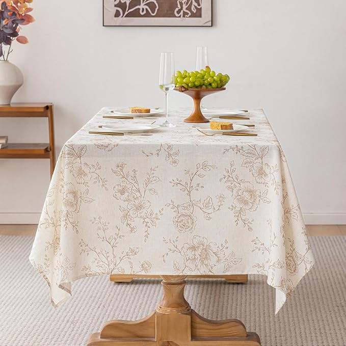 Floral Linen Table Cloth 55 x 84 inch Wrinkle Resistant Vintage Farmhouse Tablecloth Brown Pattern Printed on Cream Tablecloth Rectangle Cottage Burlap Textured Fabric Table Cover Home Decor Holiday