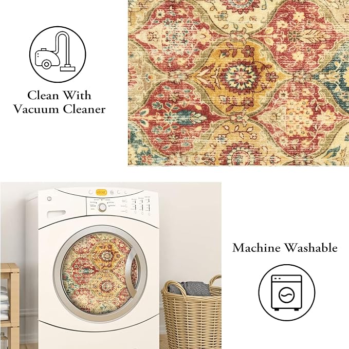Lahome Moroccan Trellis Washable Round Area Rug, Soft Round Rugs 6ft Ultra-Thin Non-Slip, Vintage Large Circle Carpet for Bedroom Living Room Kitchen Nursery Elise, Red/Orange