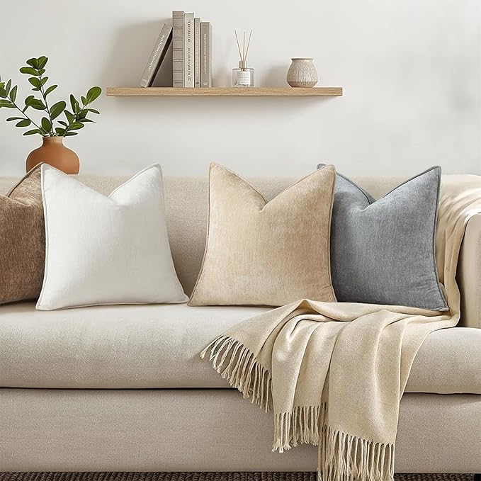 decorUhome Summer Couch Euro Sham Throw Pillow Covers 26x26 Set of 2, Decorative Soft Velvet Modern Cozy Chenille Pillow Cases with Elegant Design for Sofa Bed Living Room Home Decor, Beige