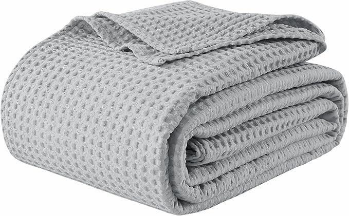 100% Egyptian Cotton Waffle Weave Blanket King Size for Bed, 320 GSM - Breathable and Soft for Spring Summer, Lightweight All Season Bed Blanket for Couch, Sofa (104x90 Inches, Light Grey)