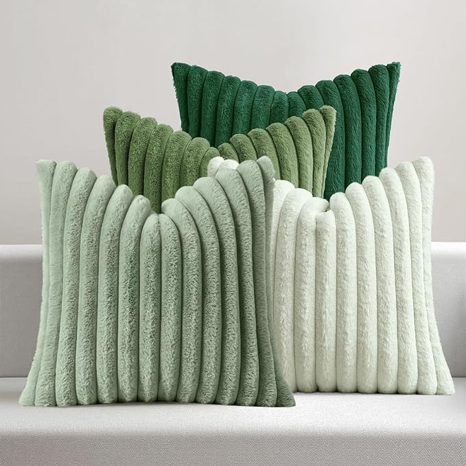 MIULEE Faux Fur Plush Decorative Throw Pillow Covers 20x20 Set of 4, Spring Modern Soft Fuzzy Striped Cushion Covers for Sofa Couch Bed Living Room Cozy Home Decor,Green