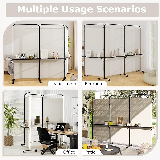 Giantex 3 Panel Room Divider with Wheels and Shelves, 103" W x 74" H Folding Privacy Screen, Rolling Partition Separator for Home Office Studio, Fabric Wall Divider for Room Separation (Beige)