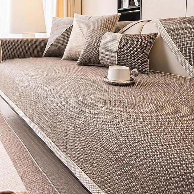 Modern Woven Cotton and Linen Sofa Cover, Couch Cover for Loveseat/3 Cushion/L Shaped/Chaise Lounge Couch/Sectional Couch,Anti-Slip Solid Sofa Slipcover (Coffee,110 * 210cm/43.3 * 82.6in)