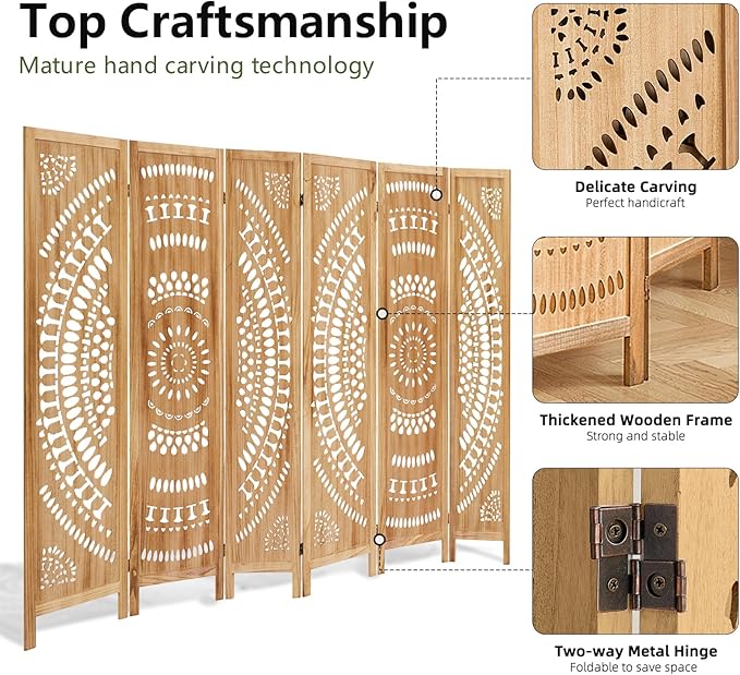 6 Panel Room Divider, 5.6 Ft Foldable Wood Room Divider Screen, Hand-Woven Folding Privacy Screens with Double Hinges, Wall Divider for Room Separation Bedroom Home Office - Carved Natural