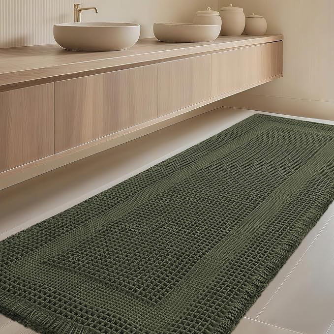 Extra Large Waffle Bath Mat, Boho Woven Modern Bath Rug Absorbent Non Slip, Ultra Soft Bathroom Mats, Machine Washable Knit Bath Rugs with Tassels for Bathroom, Bedroom, Kitchen, 6'x2', Dark Green