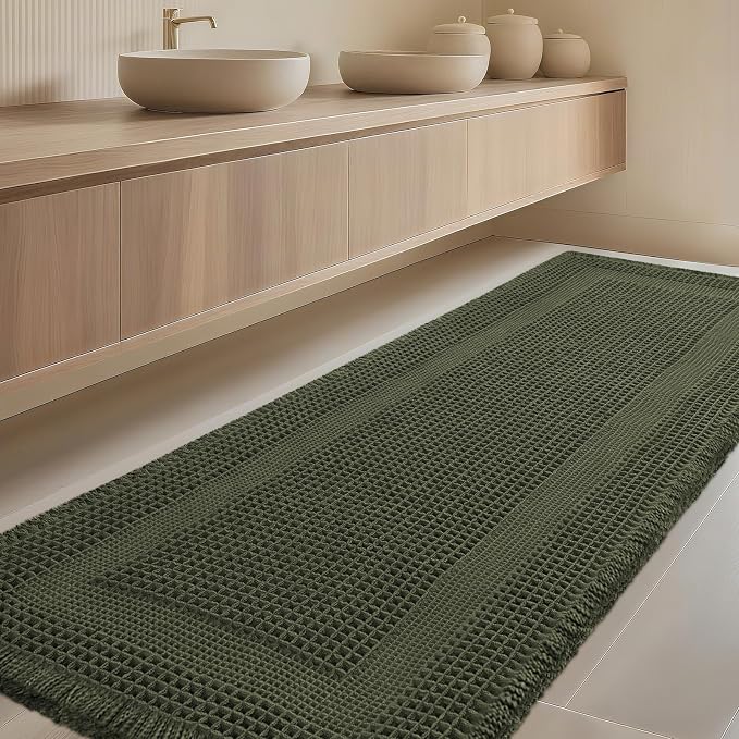 Extra Large Waffle Bath Mat, Boho Woven Modern Bath Rug Absorbent Non Slip, Ultra Soft Bathroom Mats, Machine Washable Knit Bath Rugs with Tassels for Bathroom, Bedroom, Kitchen, 5'x2', Dark Green