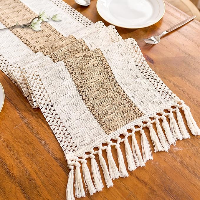 Boho Table Runner for Home Decor with Tassels 60 Inches Farmhouse Rustic Beige & Brown Table Runner Macrame Burlap Table Decoration for Living Room Bridal Shower(12x60 Inches, Fringe Included)