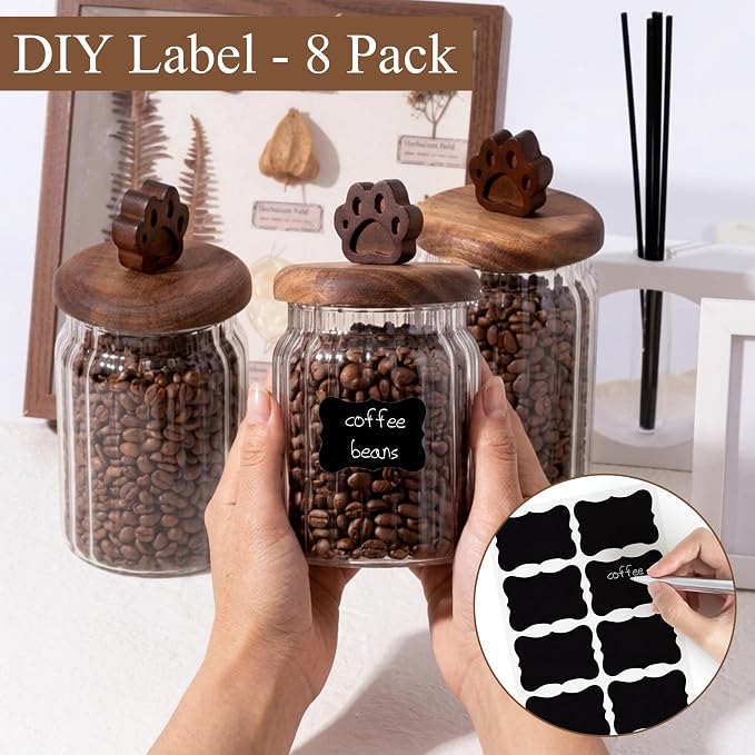 Glass Coffee Canister Set - 3 Pack 30Oz 20Oz 13Oz Airtight Ribbed Glass Storage Jars with Paw Shaped Wood Lids Gold Spoon Label Sticker, for Kitchen Countertop Bar Food Bean Sugar Container