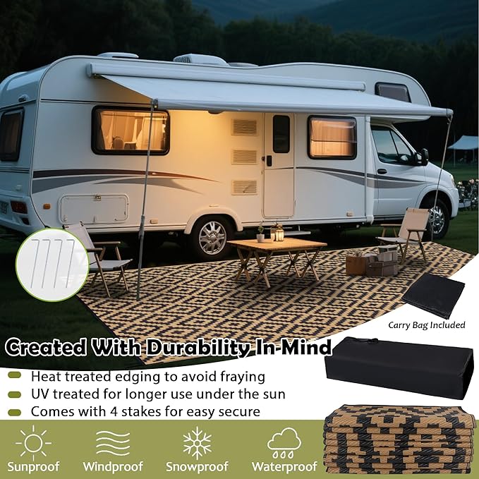 SAND MINE Reversible Mats, Plastic Straw Rug, Modern Area Rug, Large Floor Mat and Rug for Outdoors, RV, Patio, Backyard, Deck, Picnic, Beach, Trailer, Camping, Black & Brown, 8' x 16'