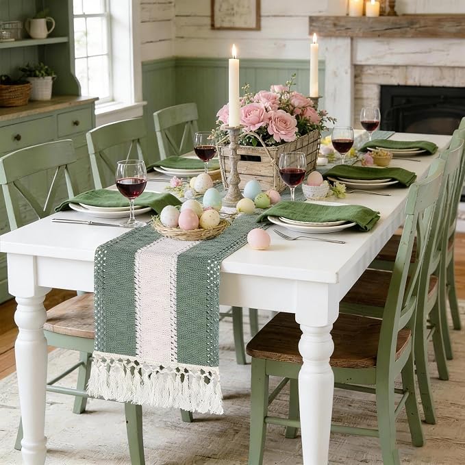 yuboo Sage Green Table Runner 72 Inches for Boho Farmhouse Decor, Cotton Woven Table Runners with Tassels for Gender Reveal Party, Rustic Green Dining Table Decor for Wedding & Baby Shower