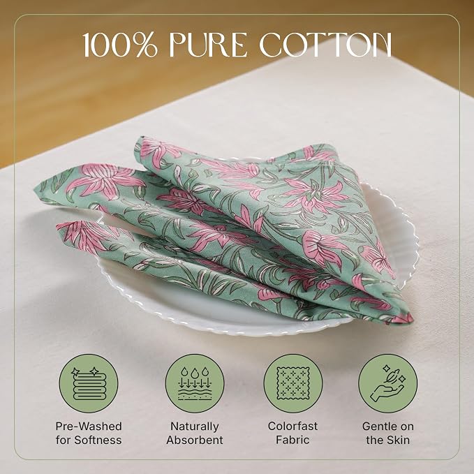 Floral Cloth Napkins Set of 12, 100% Cotton Reusable Dinner Napkins, Block Print Inspired, 18 x 18 Inch Table & Kitchen Napkins for Everyday Dining & Entertaining, Soft Green Floral