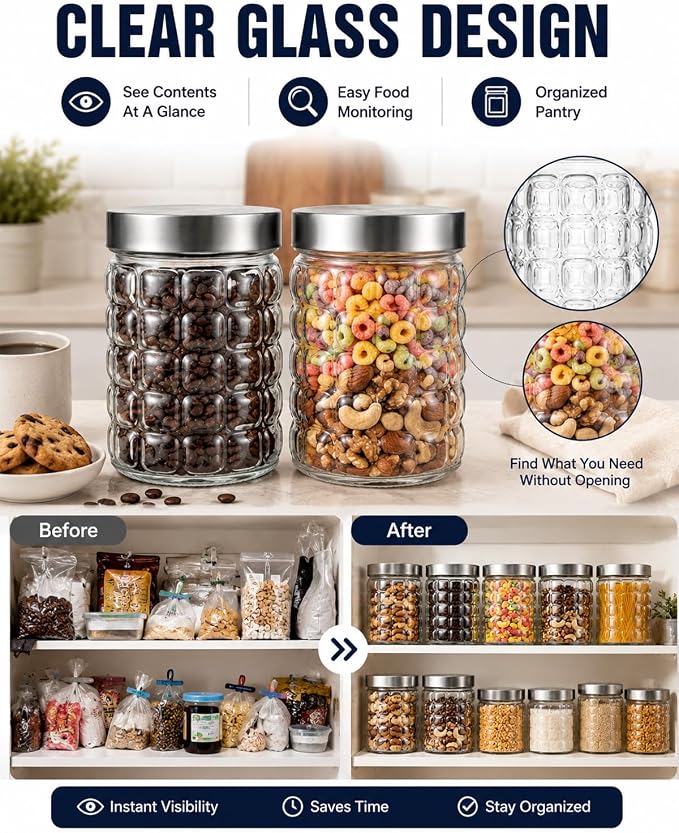 Glass Storage Containers, 2 Pack Glass Jars With Lids Round Canister Airtight Food Storage Containers, Clear Canisters With Lids For Cookies, Candy, Coffee, Sugar, Rice, Pasta (27 oz)