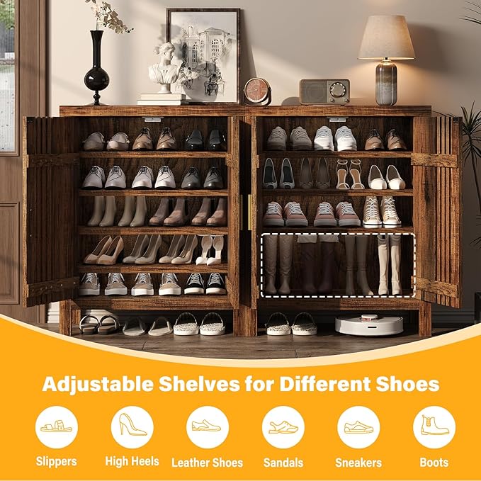 UNIQUITE Wooden Shoes Cabinet with Adjustable Shelves, Retro Freestanding Shoe Organizer Cabinet for Entryway Hallway Living Room, 5-Tier Shoe Cabinet with Doors for 20 Pairs, Dark Walnut