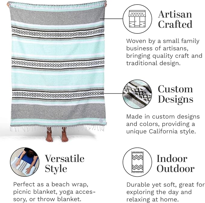 Teal and Gray Mexican Blanket by Laguna Beach Textile Co - Beach, Yoga, Camping, or Decorative Throw Blanket - Traditional Handmade Serape - Gray Sage