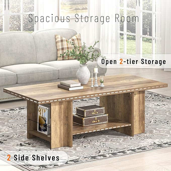 FOLUBAN Wood Coffee Table, Modern Center Table for Living Room with Bottom Storage Shelf & Side Shelves, 2-Tier Rectangle Cocktail Tea Table for Home Decor, 47 Inch, Rustic Oak