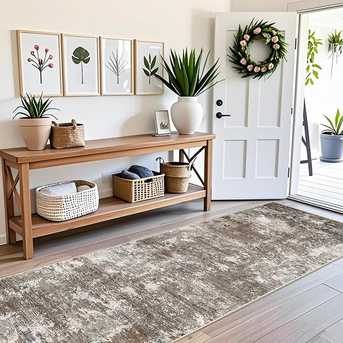 3x10 ft Long Hallway Runner Rug – Non-Slip Washable Kitchen Floor Rug with Rubber Backing, Modern Low Pile Thin Wide Carpet Runners for Bedroom, Entryway Indoor (Brown Beige,3x10)