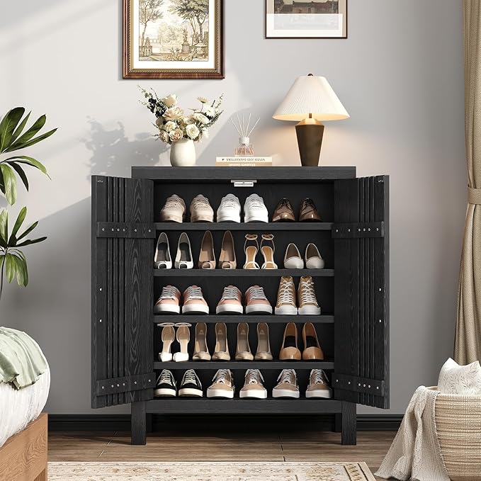 UNIQUITE Wooden Shoes Cabinet with Adjustable Shelves, Retro Freestanding Shoe Organizer Cabinet for Entryway Hallway Living Room, 5-Tier Shoe Cabinet with Doors for 20 Pairs, Black