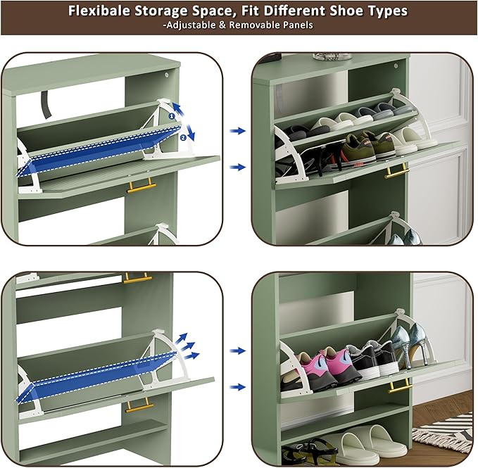 Shoe Cabinet Storage, Hidden Shoe Organizer, Modern Freestanding Organizer with 2 Flip Drawers Louvered Shoe Cabinet for Entryway (Green, 2 Drawers)