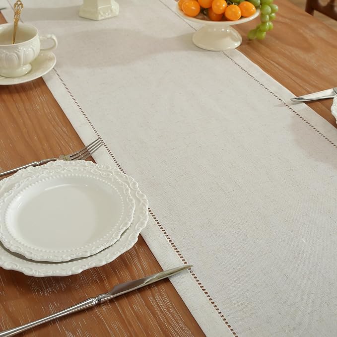 Linen Blend Table Runner – Light Natural Handmade Hemstitch, Classic Style for Spring & Summer, Ideal forDresser, Dining, Summer (14" x 108")