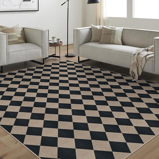 Rugalia Easy Jute Black Checkered 8x10 Area Rug, Washable Modern Outdoor Rug for Patio Non-Slip Diamond Rugs for Living Room, Neutral Farmhouse Floor Carpet for Bedroom Dining Room Classroom