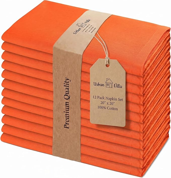 Urban Villa Cloth Napkins 100% Cotton Highly Absorbent Washable Durable Reusable Premium Dinner Napkins Ideal for Gifts for Mothers Day Hotel Farmhouse Parties - Orange (20" x 20", Set of 12)