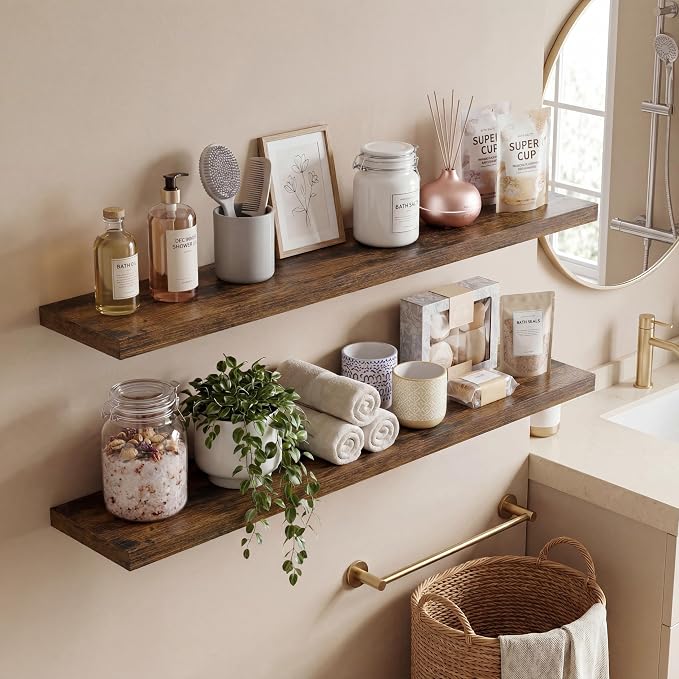 Vivelove 10 Inch Deep Floating Shelves 40 inch Long, 40 x 10 Wide Wall Shelves with Invisible Brackets, for Bedroom Bathroom Living Room Kitchen Office, Farmhouse Home Decor, Set of 2, Rustic Brown